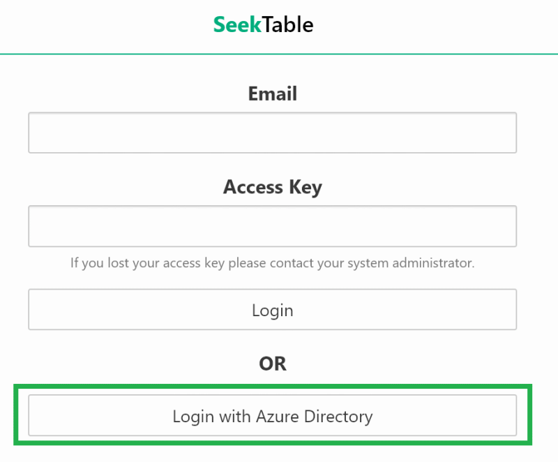 SeekTable Login page: Login with Active Directory button